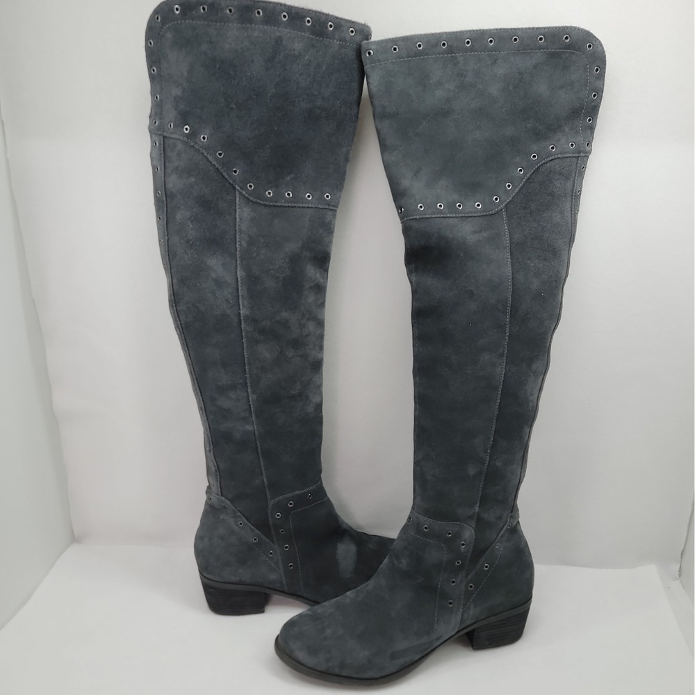 Vince Camuto Bestan Charcoal Gray Leather Suede Over Knee Boots Grommets Sz 10